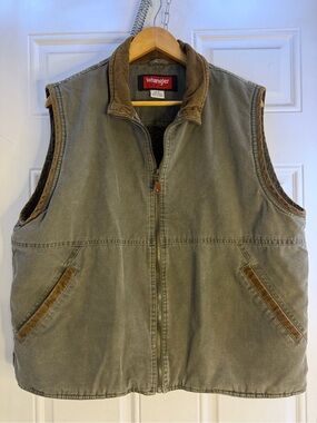Wrangler Men's Olive Workwear Quilted Vest‎ with Brown Trim